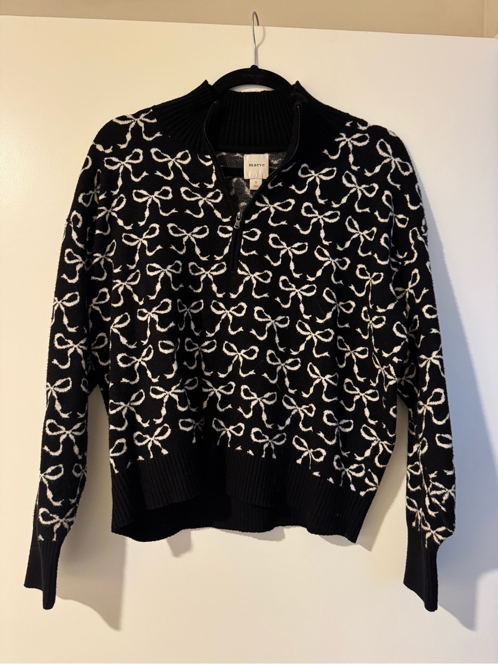 Maeve Black Sweater with White Bow Print and Half-Zip Mock Neck